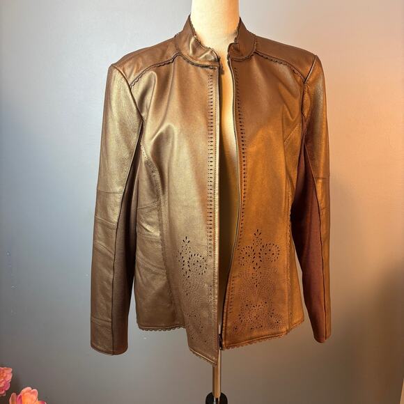 Nygard Collection Leather Jacket Bronze Laser Cut Zip Up Womens Large Petite - Picture 1 of 9